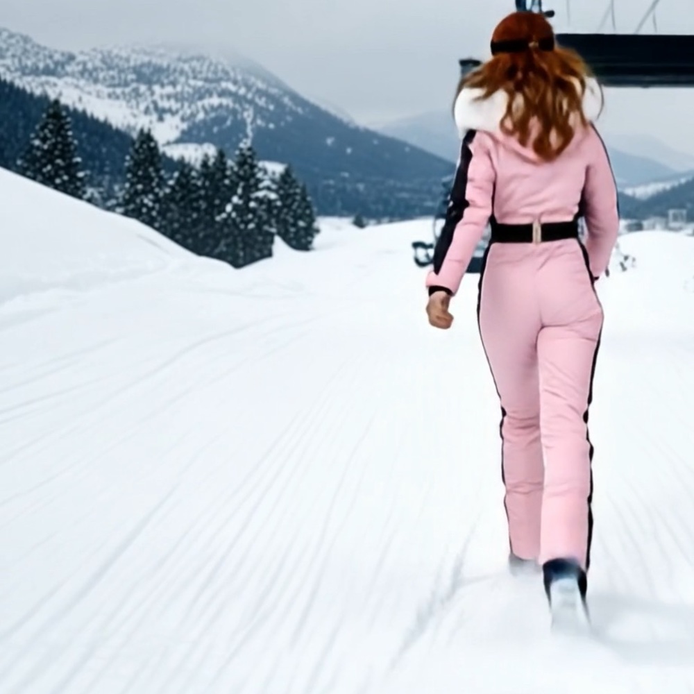 winter SNOWSUIT pink album black stripe womens skisuit belted insulated pockets